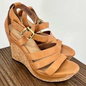 UGG Dillion Tan Leather Cork Platform Wedge Sandals Strappy Ankle Strap Size 7